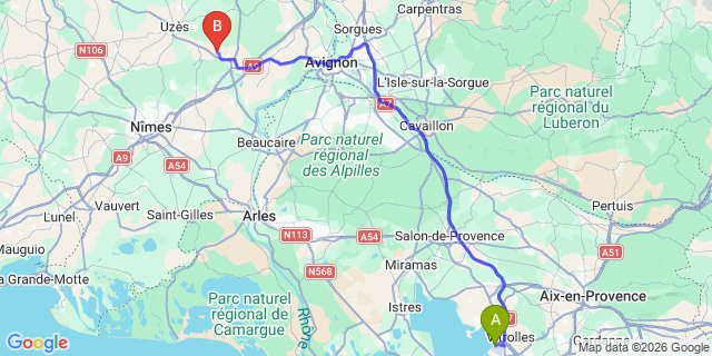 Map: Marseille Airport (MRS) to Vers-Pont-du-Gard