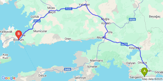 Map: Dalaman Airport (DLM) to Bodrum