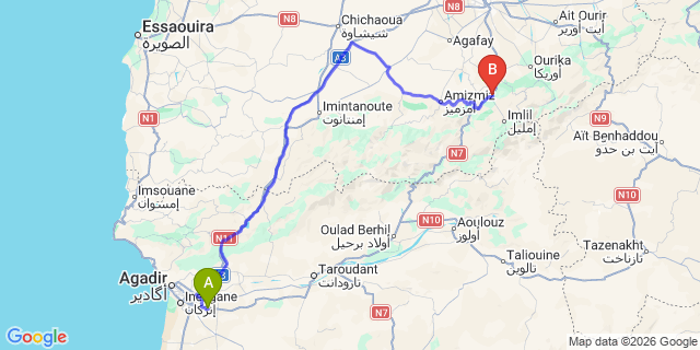 Map: Agadir Airport (AGA) to Asni