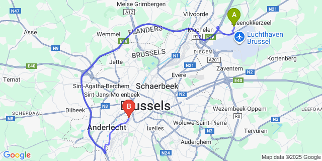 Map: Brussels Midi Train Station to Melsbroek