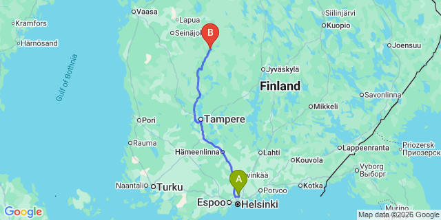 Map: Helsinki Airport (HEL) to Ahtari