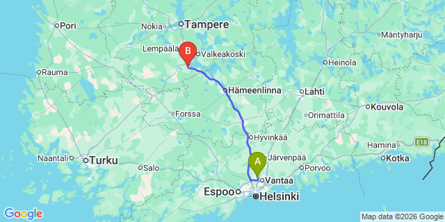 Map: Helsinki Airport (HEL) to Akaa