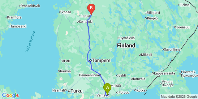 Map: Helsinki Airport (HEL) to Alajarvi