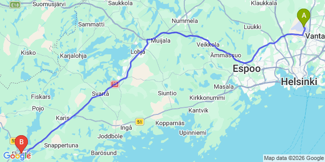 Map: Helsinki Airport (HEL) to Ekenäs