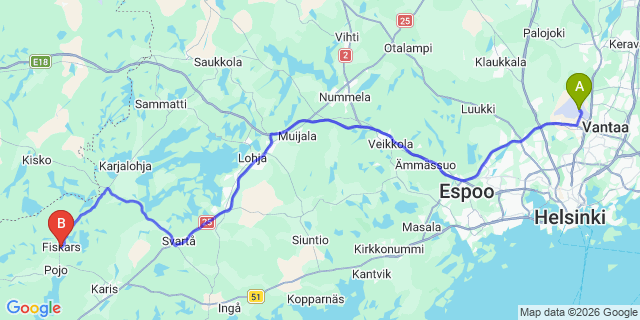 Map: Helsinki Airport (HEL) to Fiskars