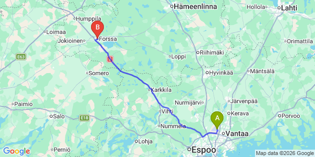 Map: Helsinki Airport (HEL) to Forssa
