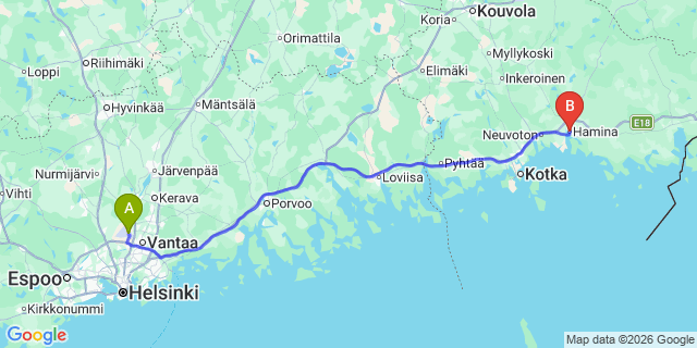 Map: Helsinki Airport (HEL) to Hamina