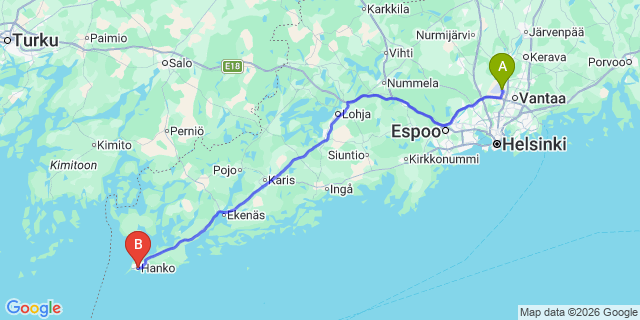 Map: Helsinki Airport (HEL) to Hanko