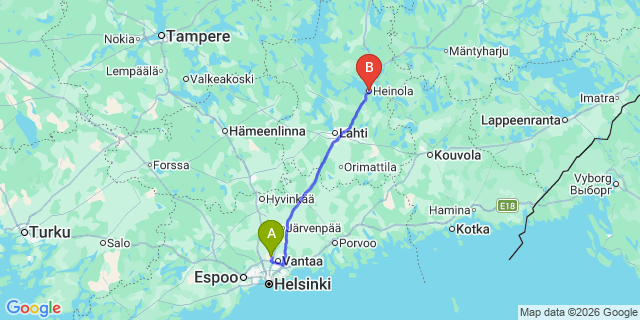Map: Helsinki Airport (HEL) to Heinola