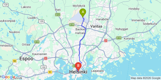 Map: Helsinki Airport (HEL) to Helsinki city (all areas)