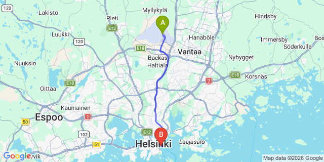 Map: Helsinki Airport (HEL) to Helsinki South Port