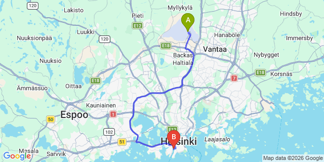 Map: Helsinki Airport (HEL) to Helsinki West Port