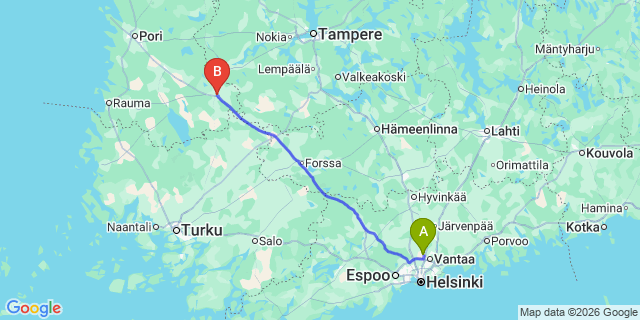 Map: Helsinki Airport (HEL) to Huittinen