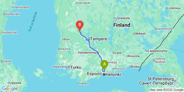 Map: Helsinki Airport (HEL) to Ikaalinen