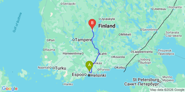 Map: Helsinki Airport (HEL) to Jämsä