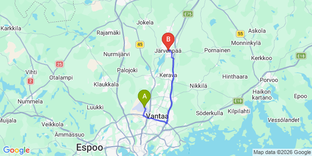 Map: Helsinki Airport (HEL) to Järvenpää