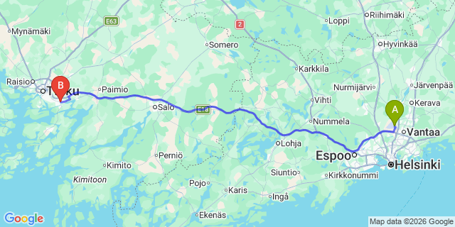 Map: Helsinki Airport (HEL) to Kaarina