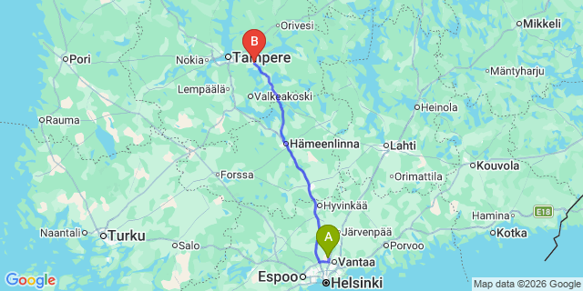 Map: Helsinki Airport (HEL) to Kangasala