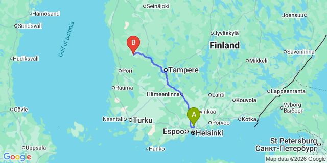 Map: Helsinki Airport (HEL) to Kankaanpaa