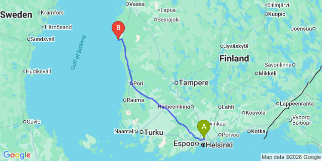 Map: Helsinki Airport (HEL) to Kaskinen