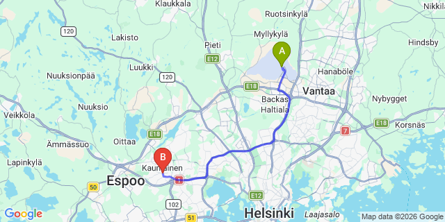 Map: Helsinki Airport (HEL) to Kauniainen