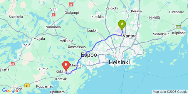 Map: Helsinki Airport (HEL) to Kirkkonummi