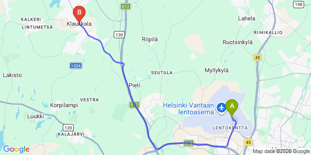 Map: Helsinki Airport (HEL) to Klaukkala