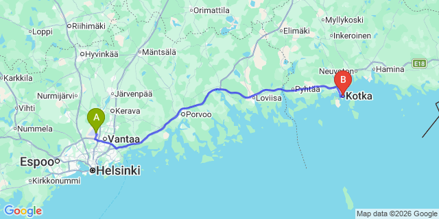 Map: Helsinki Airport (HEL) to Kotka