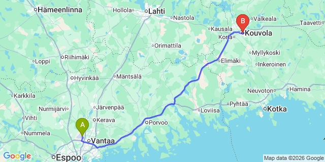 Map: Helsinki Airport (HEL) to Kouvola