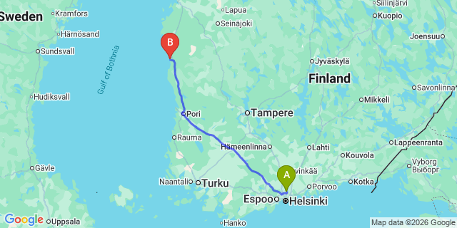 Map: Helsinki Airport (HEL) to Kristiinankaupunki