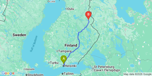 Map: Helsinki Airport (HEL) to Kuhmo