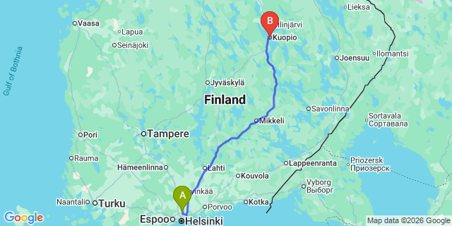 Map: Helsinki Airport (HEL) to Kuopio
