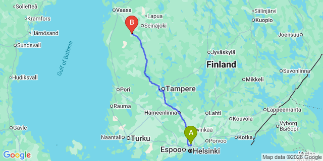 Map: Helsinki Airport (HEL) to Kurikka