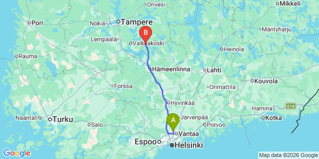 Map: Helsinki Airport (HEL) to Laitikkala