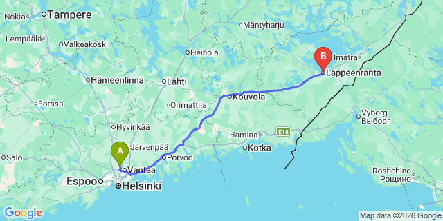Map: Helsinki Airport (HEL) to Lappeenranta