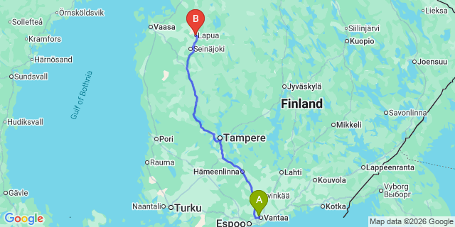 Map: Helsinki Airport (HEL) to Lapua
