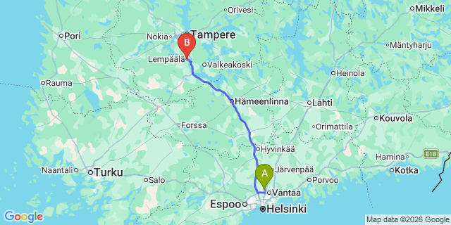 Map: Helsinki Airport (HEL) to Lempaala