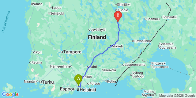 Map: Helsinki Airport (HEL) to Leppavirta