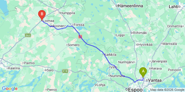 Map: Helsinki Airport (HEL) to Loimaa