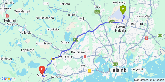 Map: Helsinki Airport (HEL) to Masala