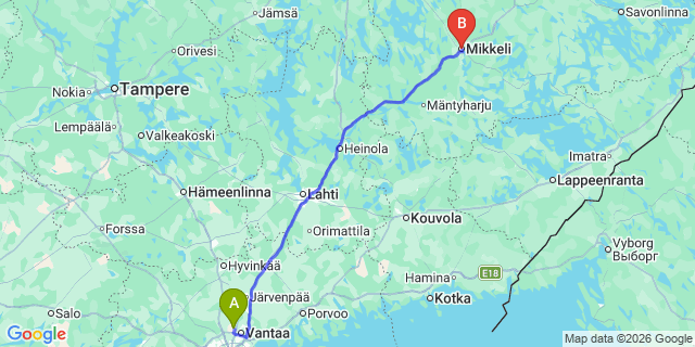Map: Helsinki Airport (HEL) to Mikkeli