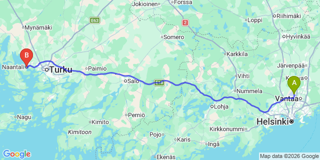 Map: Helsinki Airport (HEL) to Naantali