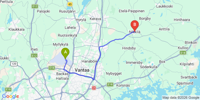 Map: Helsinki Airport (HEL) to Nikkila