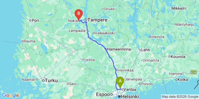 Map: Helsinki Airport (HEL) to Nokia