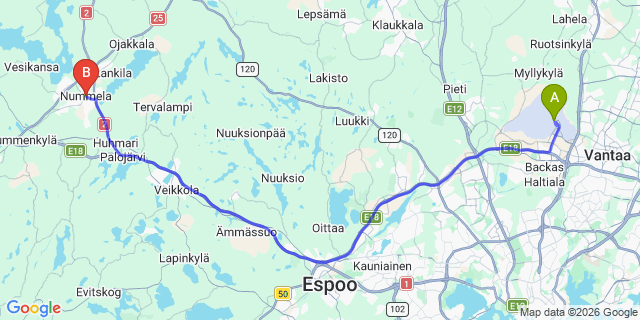 Map: Helsinki Airport (HEL) to Nummela