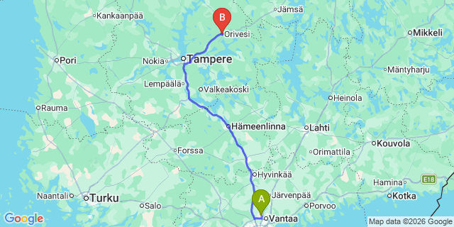 Map: Helsinki Airport (HEL) to Orivesi