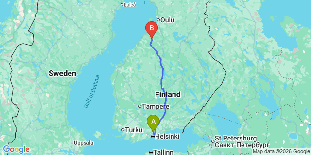Map: Helsinki Airport (HEL) to Oulainen