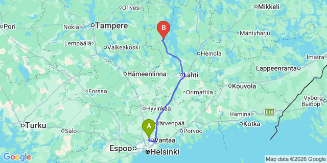 Map: Helsinki Airport (HEL) to Padasjoki