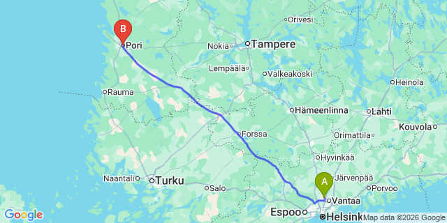 Map: Helsinki Airport (HEL) to Pori