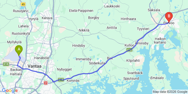 Map: Helsinki Airport (HEL) to Porvoo